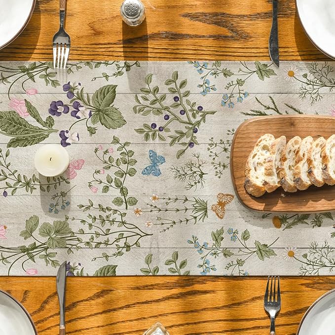 Artoid Mode Wood Wild Flowers Floral Spring Table Runner, Seasonal Summer Kitchen Dining Table Decoration for Home Party Decor 13x48 Inch