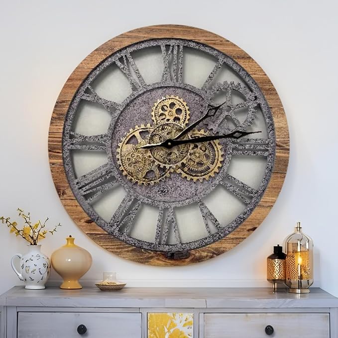 ImprovingLife The Gears Clock The Original Real Moving Gear Wall Clock Vintage Industrial Oversized Rustic Farmhouse (24 inch (60cm),Wood&Stone)