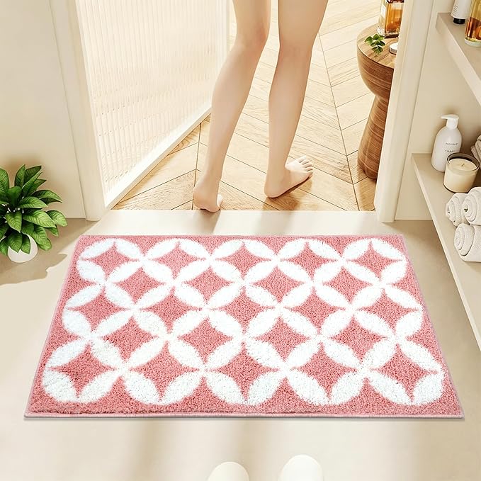 Civkor Pink and White Bathroom Rug Non Slip Washable, Cute Bath Mat for Bathroom with TPR Backing, Quick Dry Fluffy Microfiber Piles, Super Water Absorbent Thin Bath Rug Fit Under Door, 24x16Inch