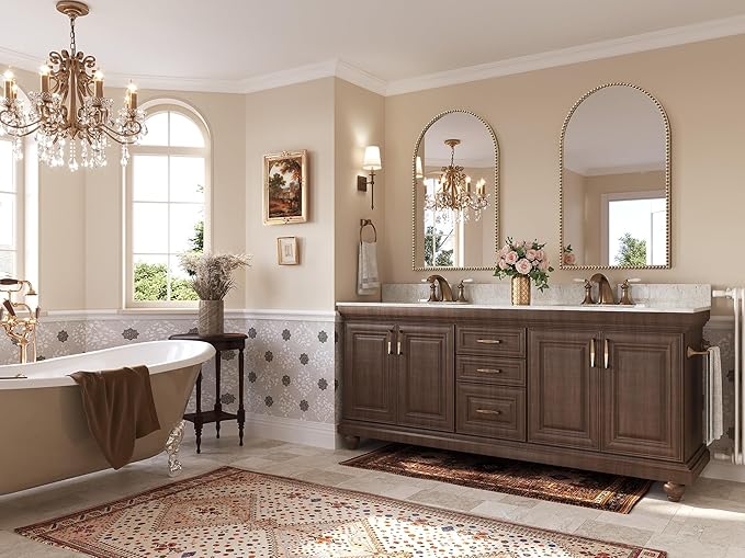 Arched Beaded Mirror for Bathroom, 24"x38" Antique Gold Arch Vanity Wall Mirror, Retro Brass Metal Frame Champagne Bronze Mirrors for Bedroom Dressing Room Entryway Fireplace