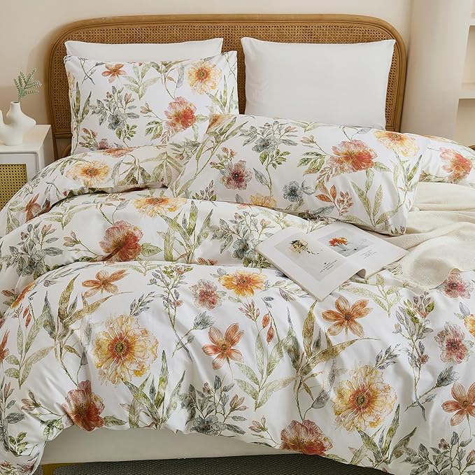 100% Cotton Duvet Cover Queen Size – Elegant Natural Yellow Floral Duvet Cover Set with Zipper Closure, 3-Piece Soft Breathable Durable Percale Cotton Bedding Set for All Seasons