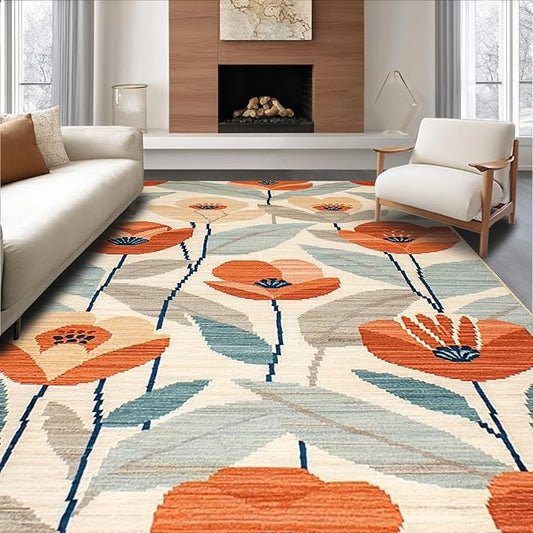 Flatwoven High Traffic Area Rug 5x7, Eclectic Boho with Abstract Floral and, Non Slip, Stain Resistant, Washable Area Rugs for Living Room, Bedroom (Orange, 5x7)