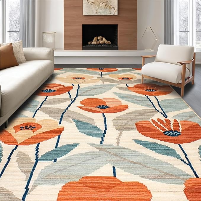Flatwoven High Traffic Area Rug 6x9, Eclectic Boho with Abstract Floral and, Non Slip, Stain Resistant, Washable Area Rugs for Living Room, Bedroom (Orange, 6x9)