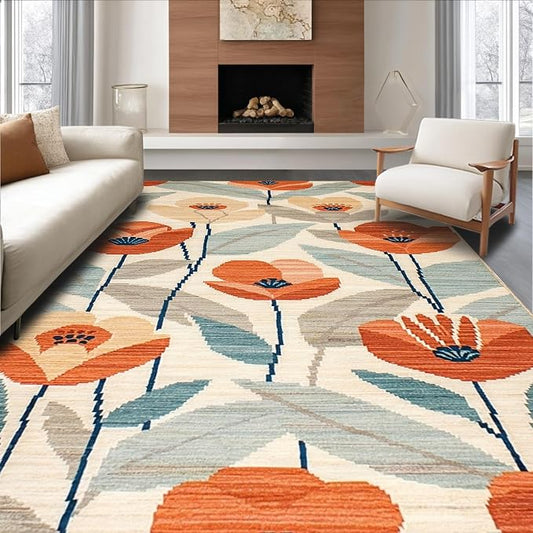 Flatwoven High Traffic Area Rug 6x9, Eclectic Boho with Abstract Floral and, Non Slip, Stain Resistant, Washable Area Rugs for Living Room, Bedroom (Orange, 6x9)