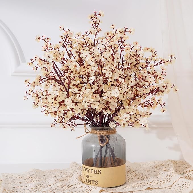 Yastouay 10 Pcs Fake Flowers Artificial Flowers, Real Touch Silk Flowers Faux Artificial Flowers for Decorations, Champagne Babys Breath Artificial Flowers Bulk for Spring Decor Floral Arrangement