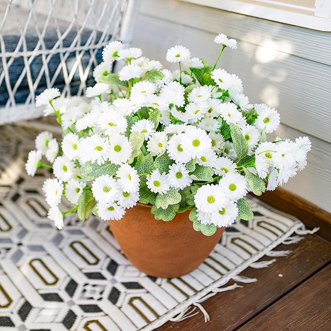HyeFlora Dahlia Artificial Flowers for Outdoors Winter Decoration, 6 Bundles Fake Daisy White Faux Flowers Plants Realistic UV Resistant Silk Flowers for Outside Planter Front Door Yard Garden