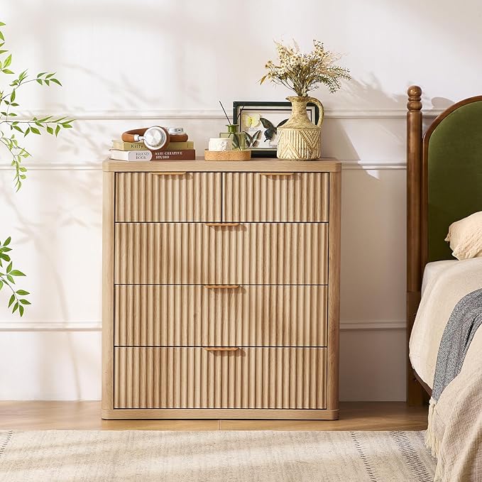 LEYAOYAO Fluted 5 Drawers Dresser for Bedroom, 34" Tall Modern Chest of Drawers with Metal Handle, Curved Profile Design,Natural Wood Drawer Organizer for Bedroom, Living Room, Hallway, Entryway