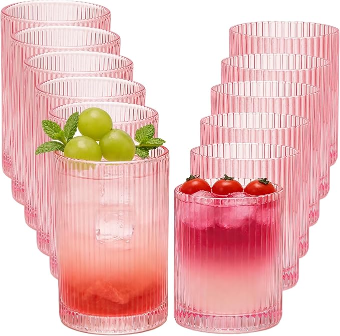 14 oz & 18 oz Ribbed Drinking Glasses Set of 12, Vintage Iced Coffee Cups Elegant Glassware, Highball Glass Cups Ridged Glass Tumbler for Cocktail, Whiskey, Beer, Water, Juice, Origami Style Pink