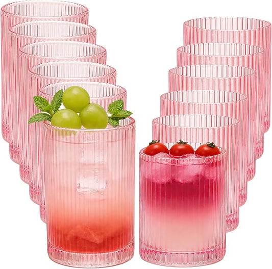 14 oz & 18 oz Ribbed Drinking Glasses Set of 12, Vintage Iced Coffee Cups Elegant Glassware, Highball Glass Cups Ridged Glass Tumbler for Cocktail, Whiskey, Beer, Water, Juice, Origami Style Pink