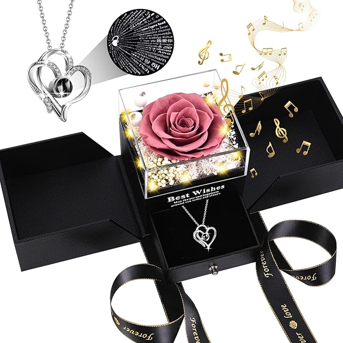 Christmas Birthday Gifts for Women - Preserved Real Rose with I Love You Heart 100-Language Necklace, LED Lights & Music Gift Box, Christmas for Women Girlfriend Mom