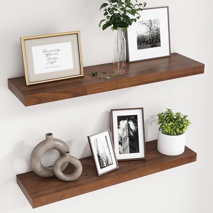 fuqing 30 Inch Floating Shelves for Wall Set of 2, Rustic Wood Wall Shelves for Living Room Bedroom Bathroom Home Office - Walnut