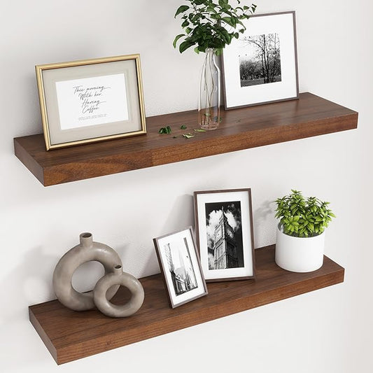 fuqing 30 Inch Floating Shelves for Wall Set of 2, Rustic Wood Wall Shelves for Living Room Bedroom Bathroom Home Office - Walnut