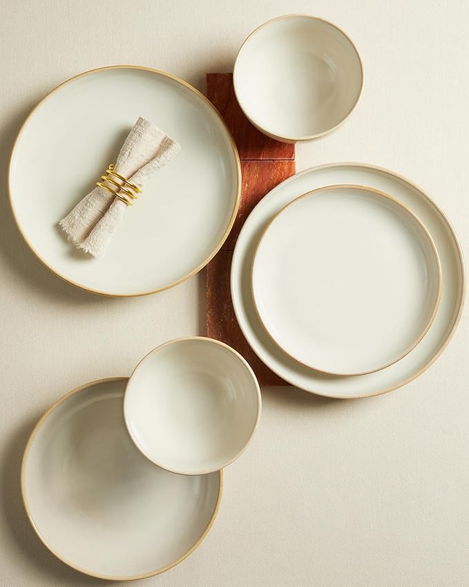 Pokini 32 Piece Double Bowl Dinnerware Sets with Pasta Bowls, Highly Chip and Crack Resistant Plates and Bowls Sets, Natural Earthyware Ceramic Dishware Sets, Service for 8 Yellow White