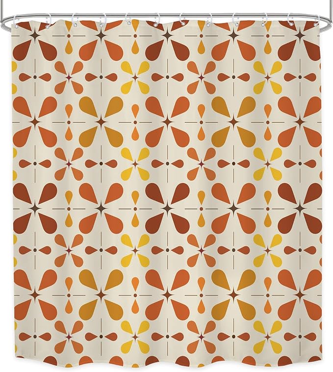 Boho Mid Century Orange Shower Curtain Bathroom Set 71Wx71H Inches Modern Red Abstract Water Drop Bohemian Vintage Colourful Geometry Bath Accessories Retro Art Home Decor Fabric 12 Pack Hooks