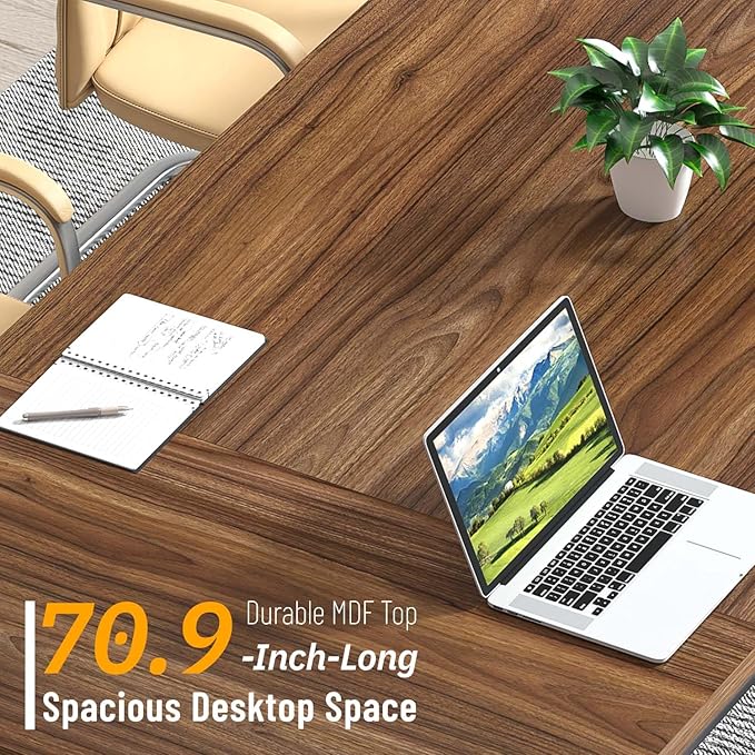 FOLUBAN 70.9" Computer Desk with Z-Shaped Legs, Large PC Desk for Home Office, Industrial Writing Desk, 2 Person Executive Workstation Study Table for Bedroom, Rustic Walnut