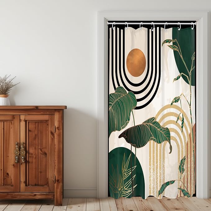 Glawry Small Stall Green 36Wx72L Inches Boho Mid Century Shower Curtain Abstract Retro Tropical Palm Tree Plant Sun Arch Minimalist Bathroom Modern Bath Accessories Art Home Decor Fabric 7 Pack Hooks