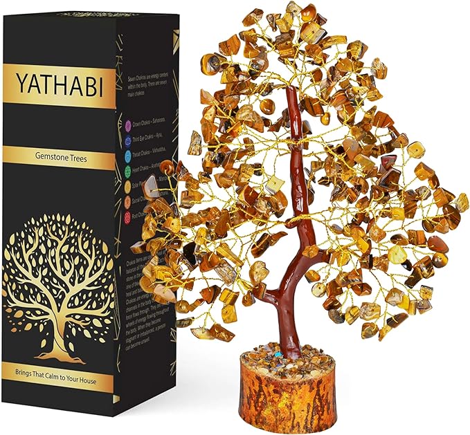 YATHABI Tiger Eye Crystal - Gem Tree - Stone Bonsai Tree - Good Luck Money Tree - Chakra Stone - Spiritual Tree - Crystal Tree for Life Decor - Crystal Gift - Crystal Energy