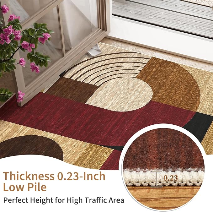 Runner Rugs 2x6, Boho Geometric Print Washable Hallway Runner Long Entryway Rug Soft Low Pile Non-Slip Kitchen Rug Runners for Bedroom Laundry, Burgundy/Brown Multi, 2'x6'