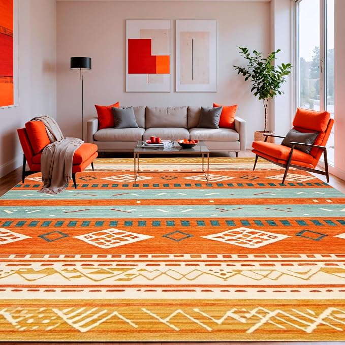 Flatwoven High Traffic Area Rug 4x6, Boho Abstract, Non Slip, Stain Resistant, Washable Area Rugs for Living Room, Bedroom (Orange, 4x6)