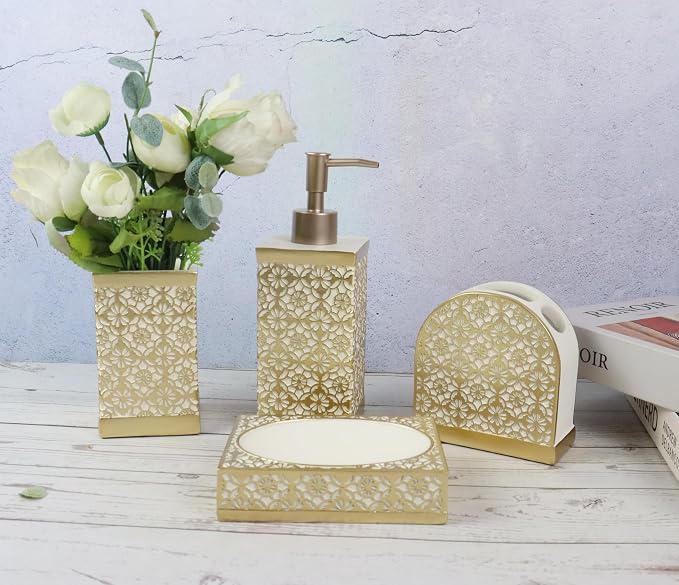 Hymmah Gold Bathroom Accessories Set,Farmhouse Bathroom Decor,4 Pcs Resin Gift Set Apartment Necessities, Contain Cotton Swab Jar,Soap Dispenser,Tumbler，Soap Dish/Tray