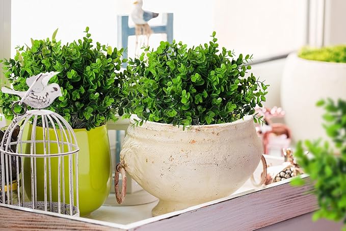 RECUTMS 8 Bundles Artificial Bushes Greenery Plants Stems Faux Shrubs Boxwood Plants Outdoor UV Resistant Fake Eucalyptus for Farmhouse Home Office Wedding Patio Backyard Indoor Outdoor Decor(Green)