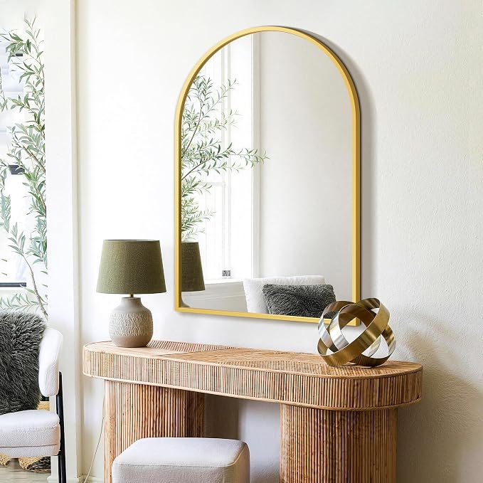 FICTOR Bathroom Mirror for Wall, Arched Vanity Bathroom Mirror for Over Sink, Metal Framed with HD Shatter-Proof Glass for Entryway, Living Room,Bedroom(24”x 36”, Gold)