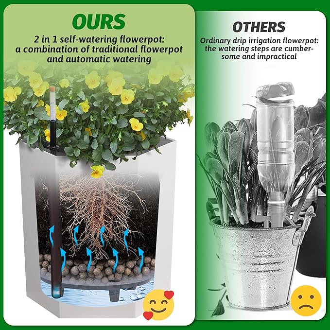 16in Plant Pots Set of 2, Self Watering Planters for Indoor Plants with Water Level Monitoring, Bottom Wheels and Water Outlet for Garden Flower Pot, Patio, Balcony, Lounge, Front Porch Decor