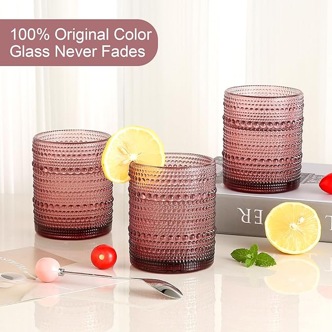 ZMOWIPDL Vintage Glassware Drinking Glasses Set of 6,12 oz Hobnail Glass Cups,Embossed Purple Water Tumbler,for Beer,Cocktail,Whiskey,Juice and Various Mixed Drinks- 1 Cleaning Brush