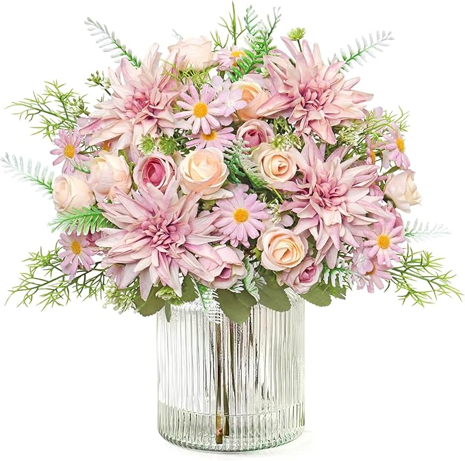 2PCS Artificial Flowers Dahlia Bouquet Fake Flowers Purple Silk Roses Daisies Faux Floral Arrangements for Dining Table Centerpieces for Kitchen Bridal Bouquet Wedding Party Home Decor