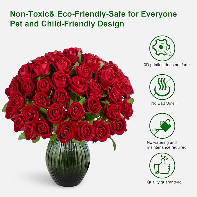 Fake Plants Roses Flowers Plastic Flowers Spring Decorations for Home Gifts for Gf Roses Artificial Flowers for Vase Fake Flowers Home Decor Fake Plant 19.6”(50PCS Red)