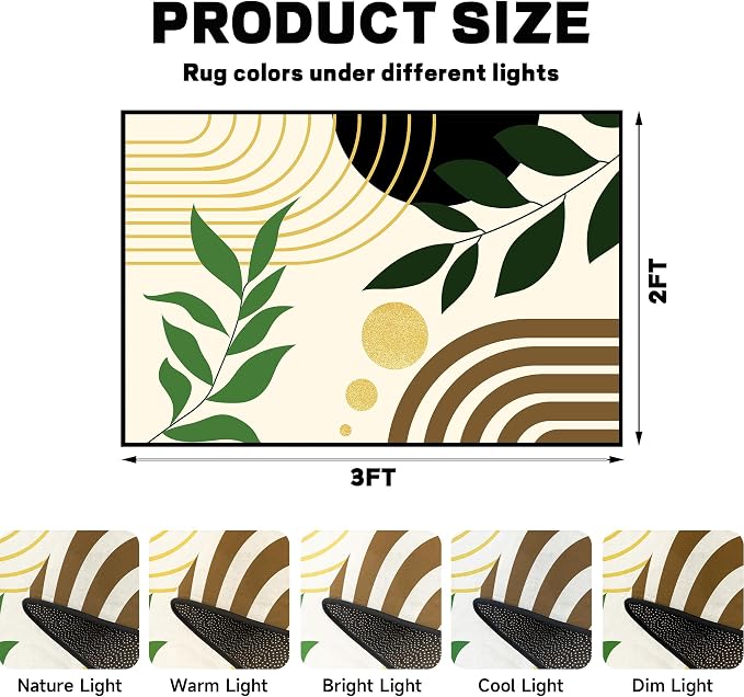 Modern Abstract Rug Geometric Area Rug Boho Green Leaf Floor Mat Soft Washable Carpet for Entryway Bedroom Living Room Kitchen Home Decor 2'x3'
