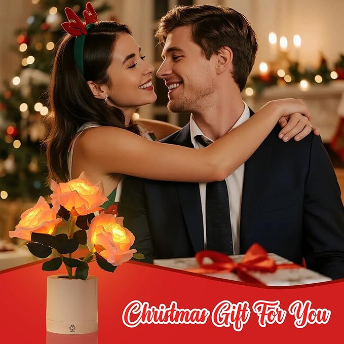 WSYEAR Pink Rose Flower Lamp, Christmas Day LED Artificial Flowers Gifts for Her Wife Girlfriend Small Table Lamp Night Light, Cordless Touch Lamp