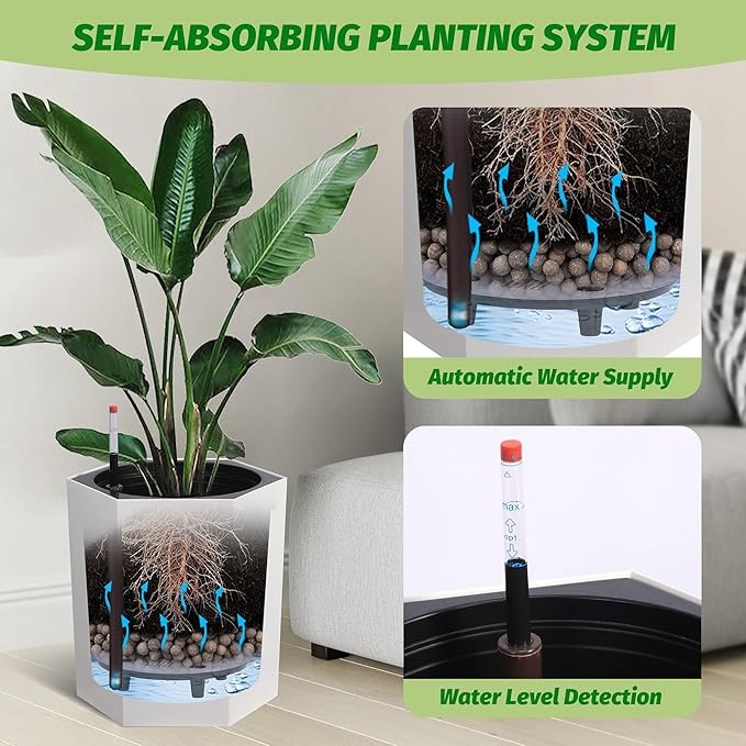 16in Plant Pots Set of 2, Self Watering Planters for Indoor Plants with Water Level Monitoring, Bottom Wheels and Water Outlet for Garden Flower Pot, Patio, Balcony, Lounge, Front Porch Decor