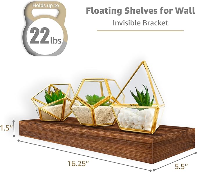Sorbus Floating Shelves for Wall – 16 Inch Floating Shelf for Kitchen, Bedroom, Living Room, Bathroom, Home & Wall Decor - Mounted Bathroom Shelves with Invisible Brackets (Walnut, 2 Pack)
