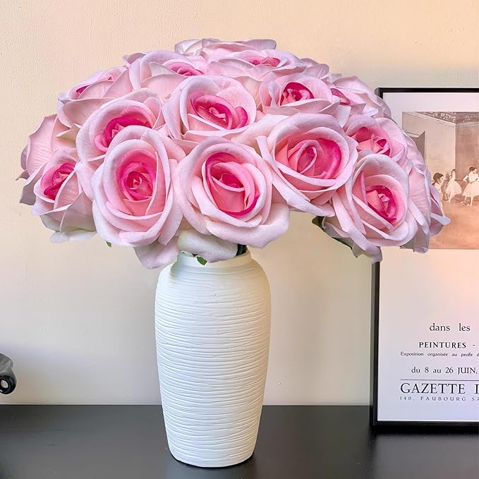 FagusHome 30 Pcs Silk Rose Artificial Flowers Roses Bulk Bouquet Fake Flowers Rose Heads with Stems for Home Wedding Decor (Pink)