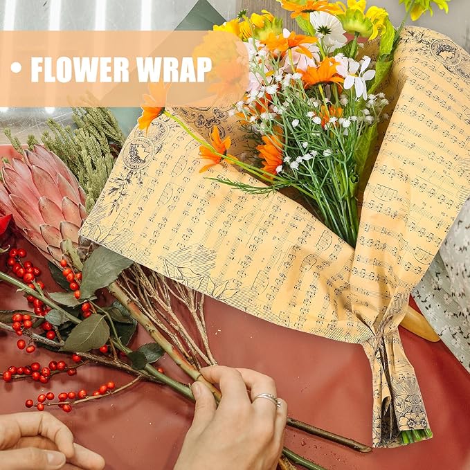 NIYANGLE 20 Sheets Vintage Floral Bouquet Wrapping Paper with Musical Notes Retro Wrap for Flowers and Festival Decorations Natural Dark Typography Kraft Paper for Elegant Bouquet
