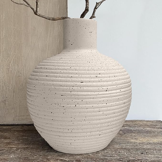 Oakrain Large Flower Vase with Groove Texture, 13" Tall Floor Vase, Narrow-Mouth Handcrafted Decorative Centerpiece for Modern Home Decor