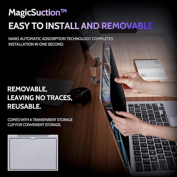 Peslv Privacy Screen for MacBook Air 15 Inch (2023-2025, M2, M3, M4)- A2941 A3114 A3241, MagicSuction™ Removable Anti Spy Black Protector, Glare Blue Light Filter for Mac Laptop Computer