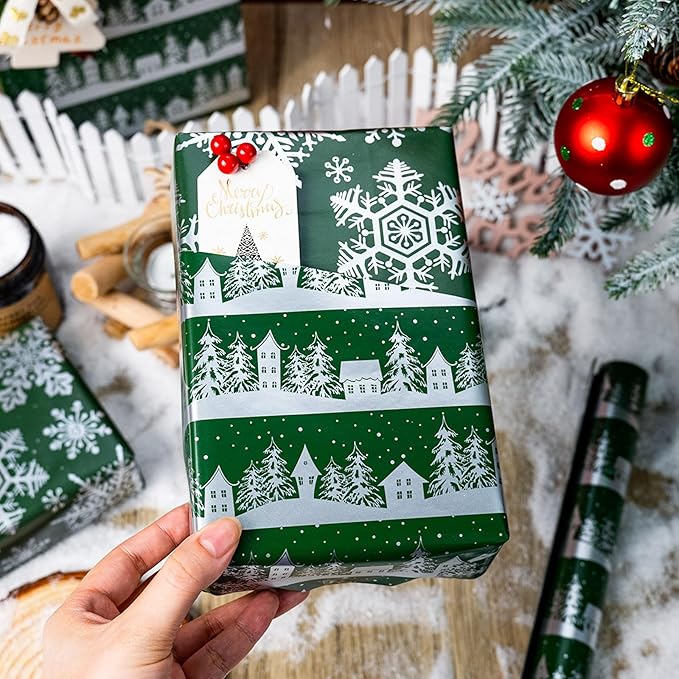 MAYPLUSS Christmas Wrapping Paper Roll, Green Gift Wrap, Vintage Green Silver Winter Forest Christmas Themed Wrapping Paper for Holiday Gift Packaging, Party(Mini Roll, 17 Inch X 16.5 Feet)
