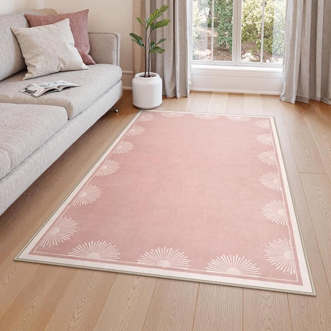 Hedlive Modern 3x5 Pink Rugs for Bedroom Girls,Ultra Thin Nursery Rug for Girls Room, Sun Printed Non Slip Washable Area Rug,Soft Non Shedding Throw Carpet for Playroom Classroom(3'x5',Pink)