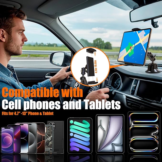 VasSmtCPH Tablet Mount for Truck Car ipad Holder Suction Cup Phone Stand for Windshield Dash Wall Vehicle Desk，360° Metal Bracket for 4.7"-13" Tablet iPad Pro Air Mini iPhone