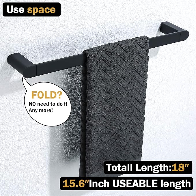 RANDOM Matte Black Towel Bar Rack Holder Rod 18 inch Hand Towel Holder for Bathroom Kitchen Heavy Duty Hardware Accessories Wall Mount Contemporary Hotel Style.96026-2-18MB