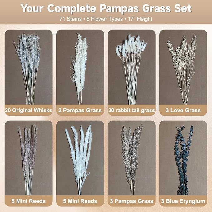 Pampas Grass Boho Home Decor 71PCS 17 inch Natural Dried Flowers for Vase Eucalyptus Stems Pompas Dried Flowers Bouquet DIY Arrangements Boho Wedding Bedroom Tables Decoration