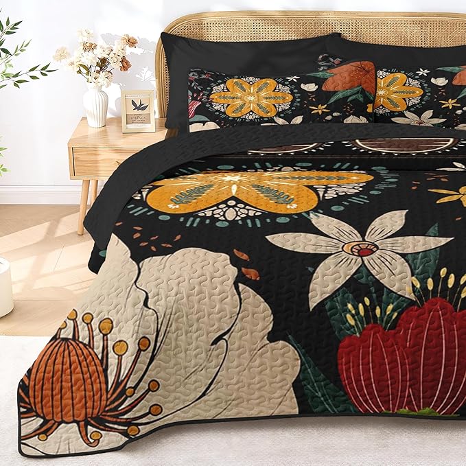 Quilt Set Twin Size, Black Tropical Floral 2 Pcs Soft Bed Cover Bedding Set, Farmhouse Botanical Lightweight Bedspread Coverlet with Pillow Sham for All Season
