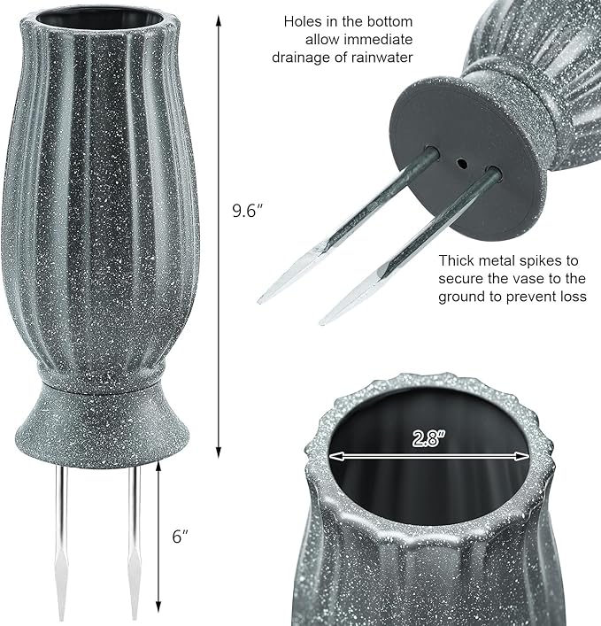 bocola Cemetery Vase with Metal Spike -Headstones Flower Holder with Drainage Hole for Artificial Flowers- Grave Decorations Memorials Sympathy for Loss of Loved Ones