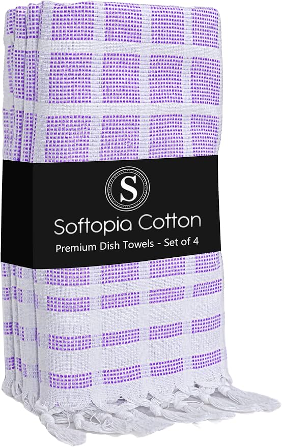 Matrix Dobby Kitchen Towels 4 Pack, 16x26 Inches, 100% Cotton, Absorbent Reusable Dish Cloths with Handmade Tassels, Washable Hand Towels for Drying - Lavender, White