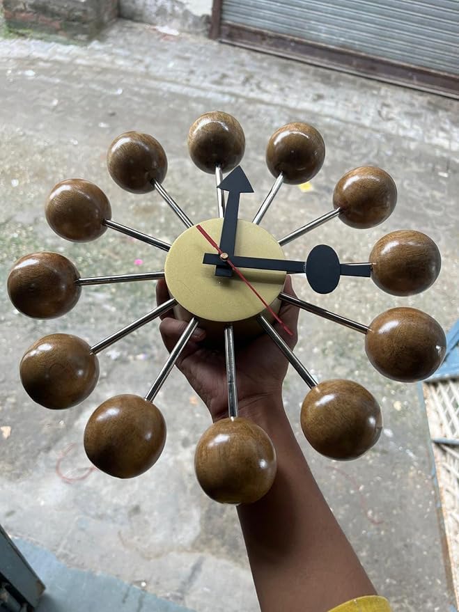 Mid Century Modern Ball Clock – George Nelson Style Wooden Wall Clock, Retro Starburst Design, Silent Non-Ticking Decorative Wall Decor for Living Room, Office, Kitchen & Home (Natural Brown, 20 Inch)