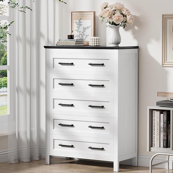 JUMMICO White Dresser Tall for Bedroom,Wooden 5 Drawer Dresser for Nursery,Chest of Drawers for Bedroom, Closet Storage Organizer for Living Room, Hallway, Closet (Black&White)