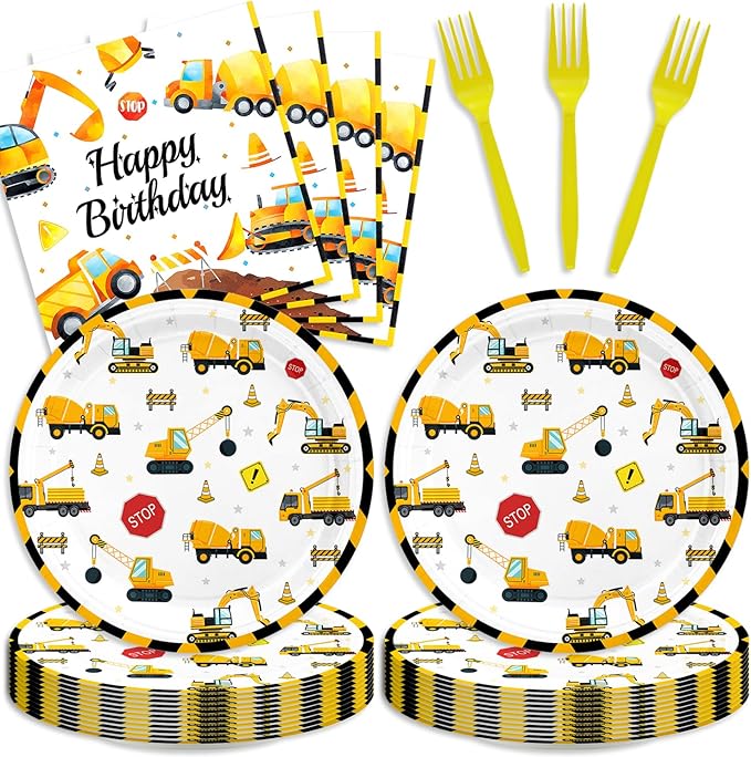 48PCS Construction Party Supplies,Disposable Tableware Include Plates Napkins Forks For 16 Guests,Construction Birthday Party Decorations For kids