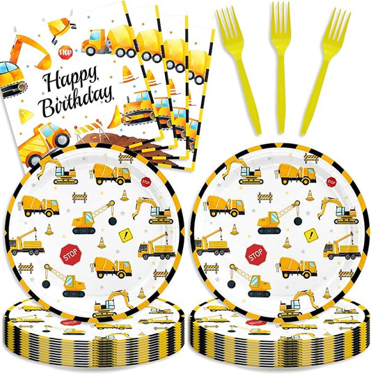 48PCS Construction Party Supplies,Disposable Tableware Include Plates Napkins Forks For 16 Guests,Construction Birthday Party Decorations For kids
